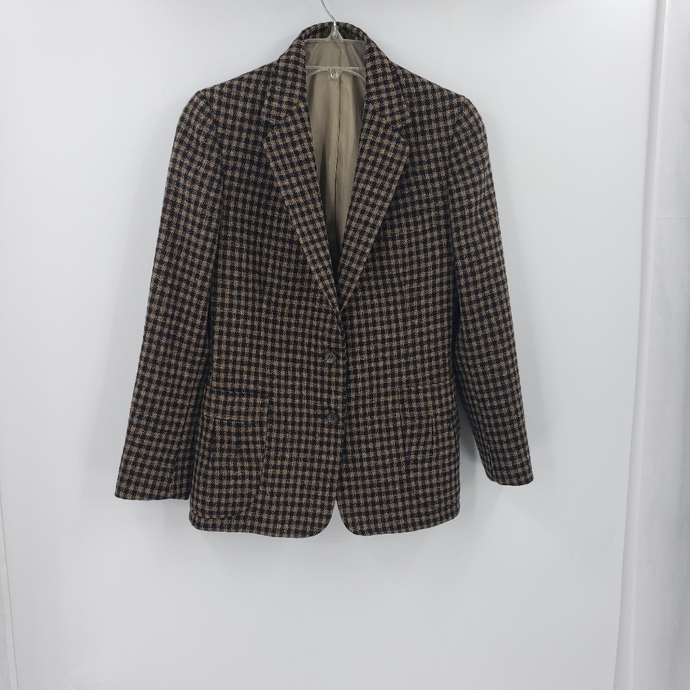 MARK SHALE vintage black and brown plaid double button wool blazer womens 10